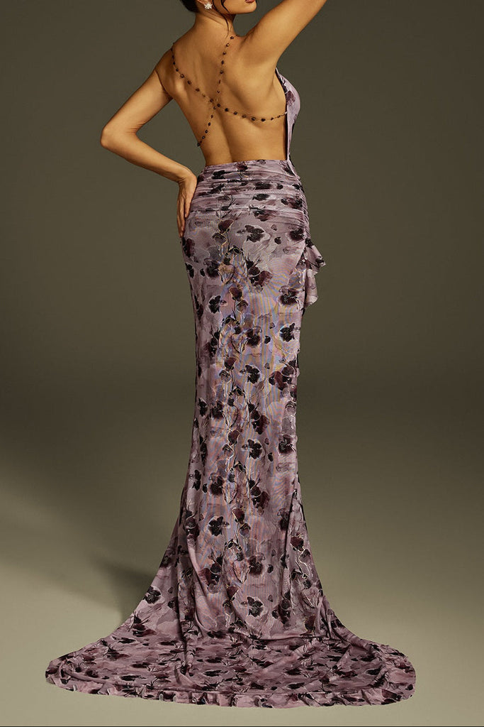 Shop  purple dress - Perfect for special occasions | elizabeth Backless Printed High Low maxi Dress in purple