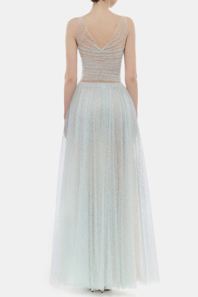 Shop  blue dress - Perfect for special occasions | jessica Mesh Pleated lace Maxi Dress - Blue