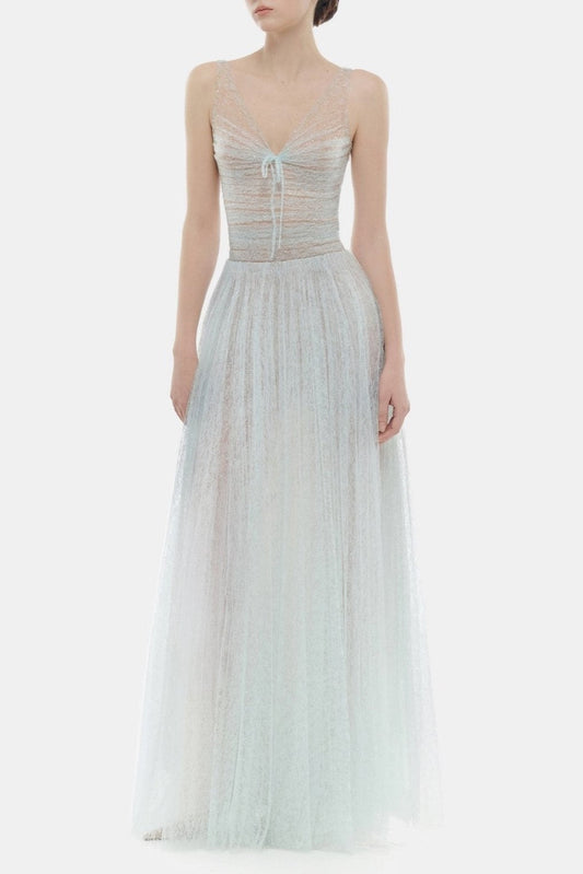 jessica Mesh Pleated lace Maxi Dress - Blue