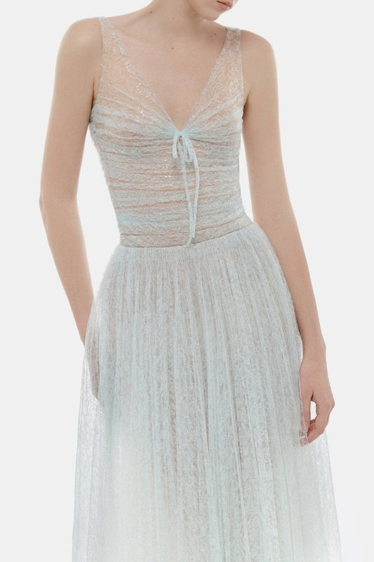 jessica Mesh Pleated lace Maxi Dress - Blue
