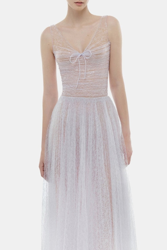 jessica Mesh Pleated lace Maxi Dress - Purple