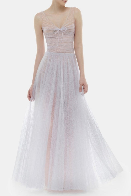 jessica Mesh Pleated lace Maxi Dress - Purple