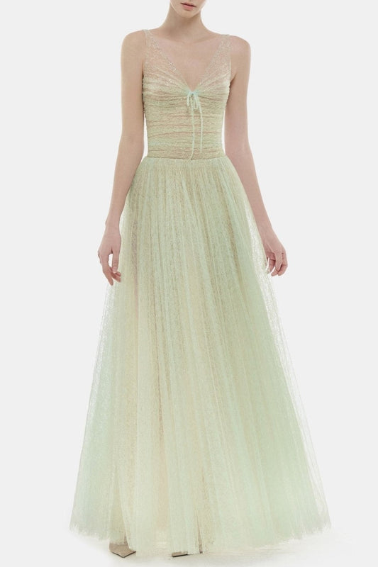 jessica Mesh Pleated lace Maxi Dress - Mint
