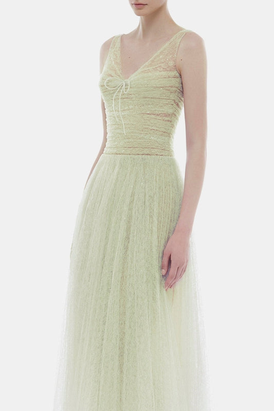 jessica Mesh Pleated lace Maxi Dress - Mint