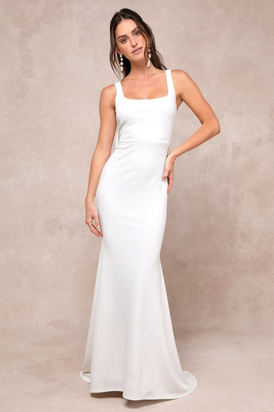 Stylish white dress | Loving Fate White Bow Square Neck Backless Maxi Dress - Ideal for special occasions