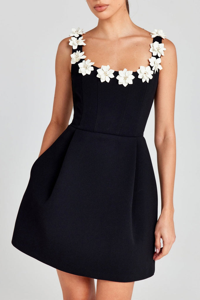 Shop  black dress - Perfect for special occasions | Lyra Floral Embellished Mini Bandage Dress - Black
