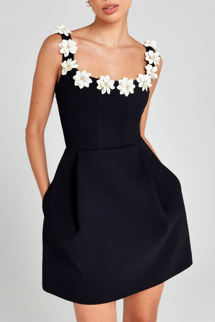 Lyra Floral Embellished Mini Bandage Dress - Black - Stylish black dress for special occasions | Buy Online