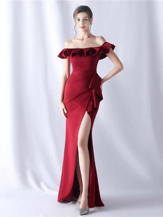 Off Shoulder Ruffled Split Thigh Prom Dress
