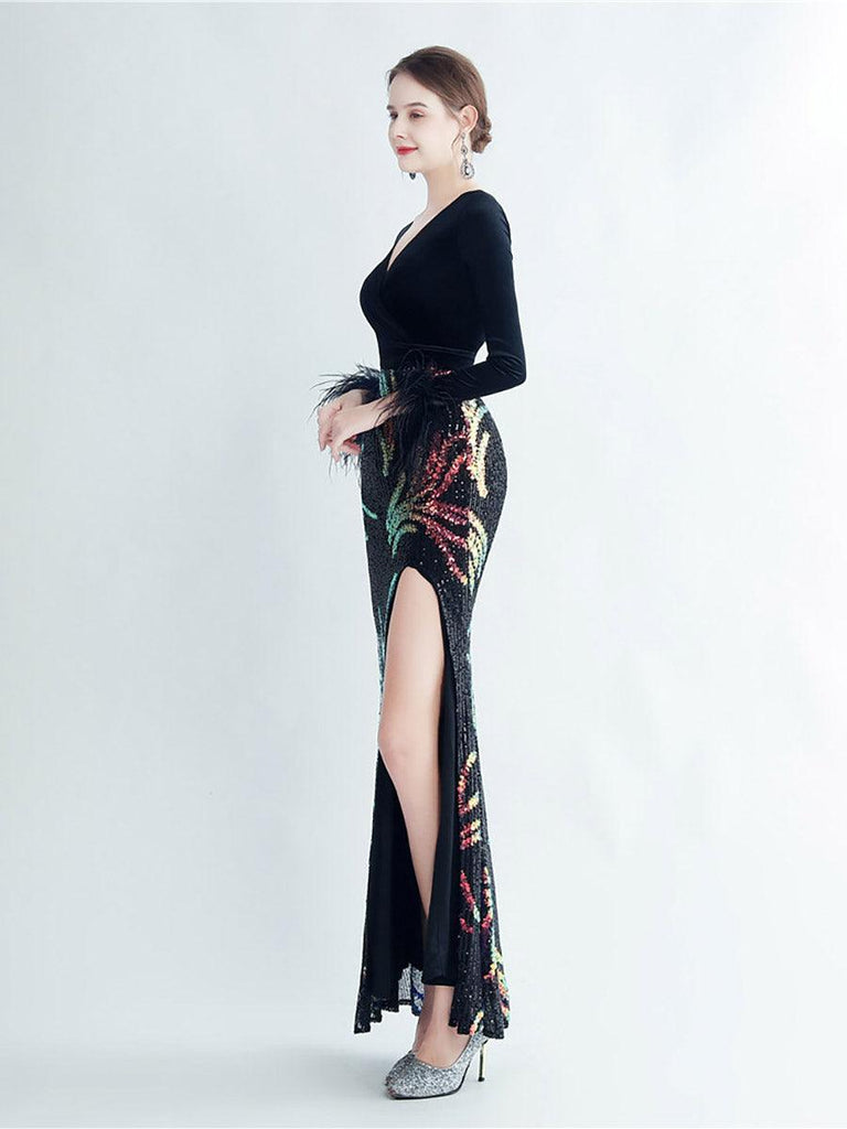 Shop  beautiful dress - Perfect for special occasions | Long Sleeve Velvet Feather Wrap Prom Dress