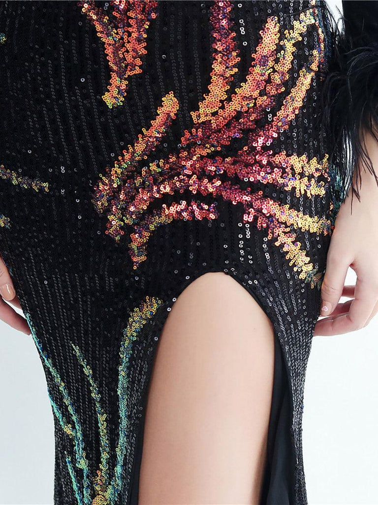 Shop  beautiful dress - Perfect for special occasions | Long Sleeve Velvet Feather Wrap Prom Dress