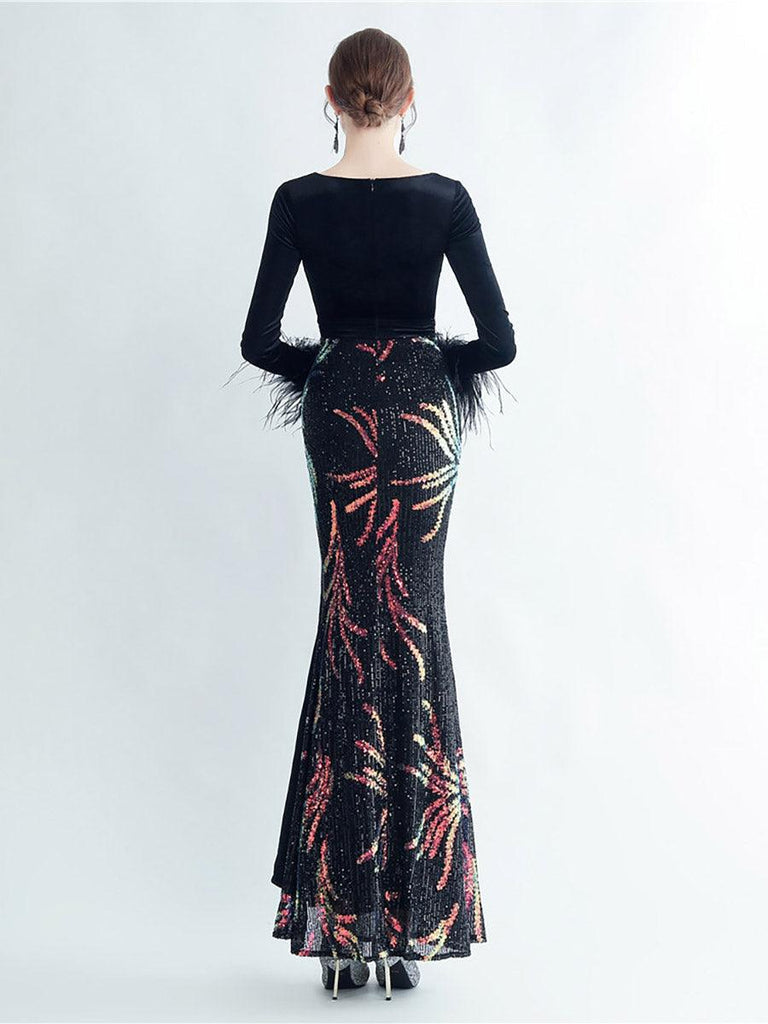 Shop  beautiful dress - Perfect for special occasions | Long Sleeve Velvet Feather Wrap Prom Dress