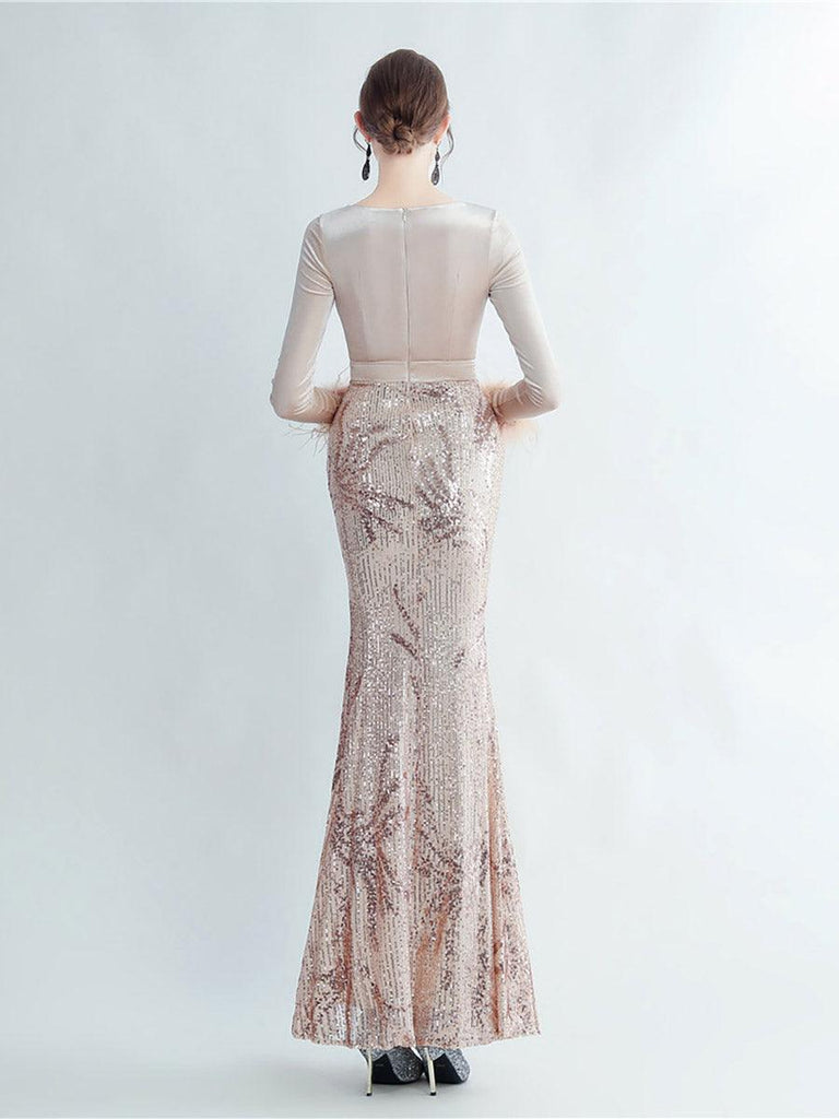 Long Sleeve Velvet Feather Wrap Prom Dress - Stylish beautiful dress for special occasions | Buy Online