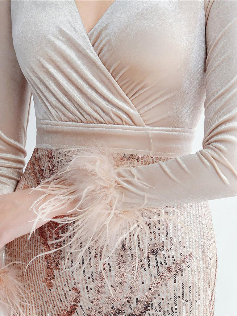 Long Sleeve Velvet Feather Wrap Prom Dress - Stylish beautiful dress for special occasions | Buy Online