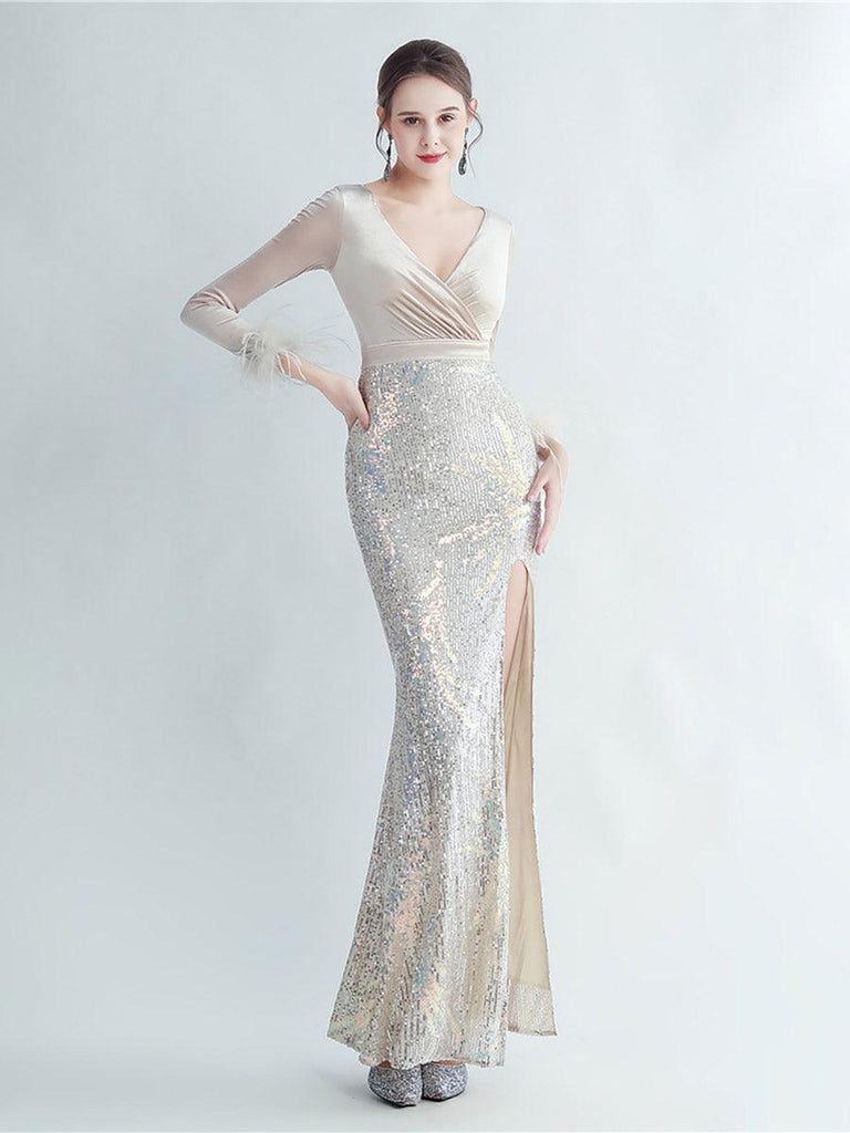 Long Sleeve Velvet Feather Wrap Prom Dress - Stylish beautiful dress for special occasions | Buy Online