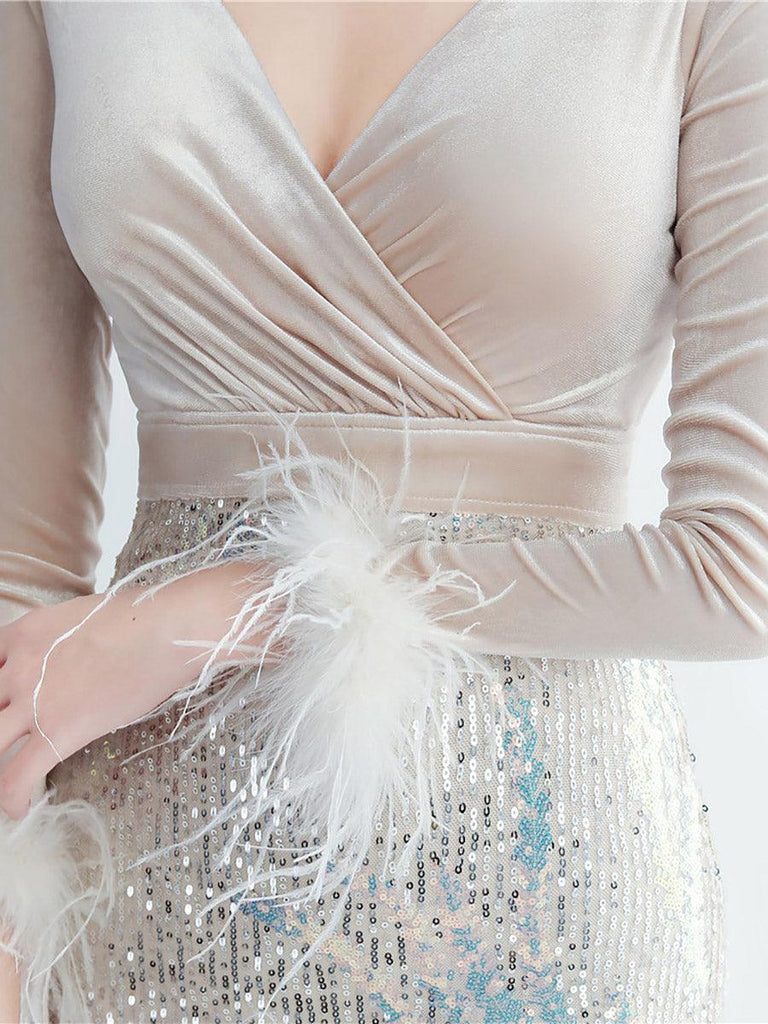 Stylish beautiful dress | Long Sleeve Velvet Feather Wrap Prom Dress - Ideal for special occasions