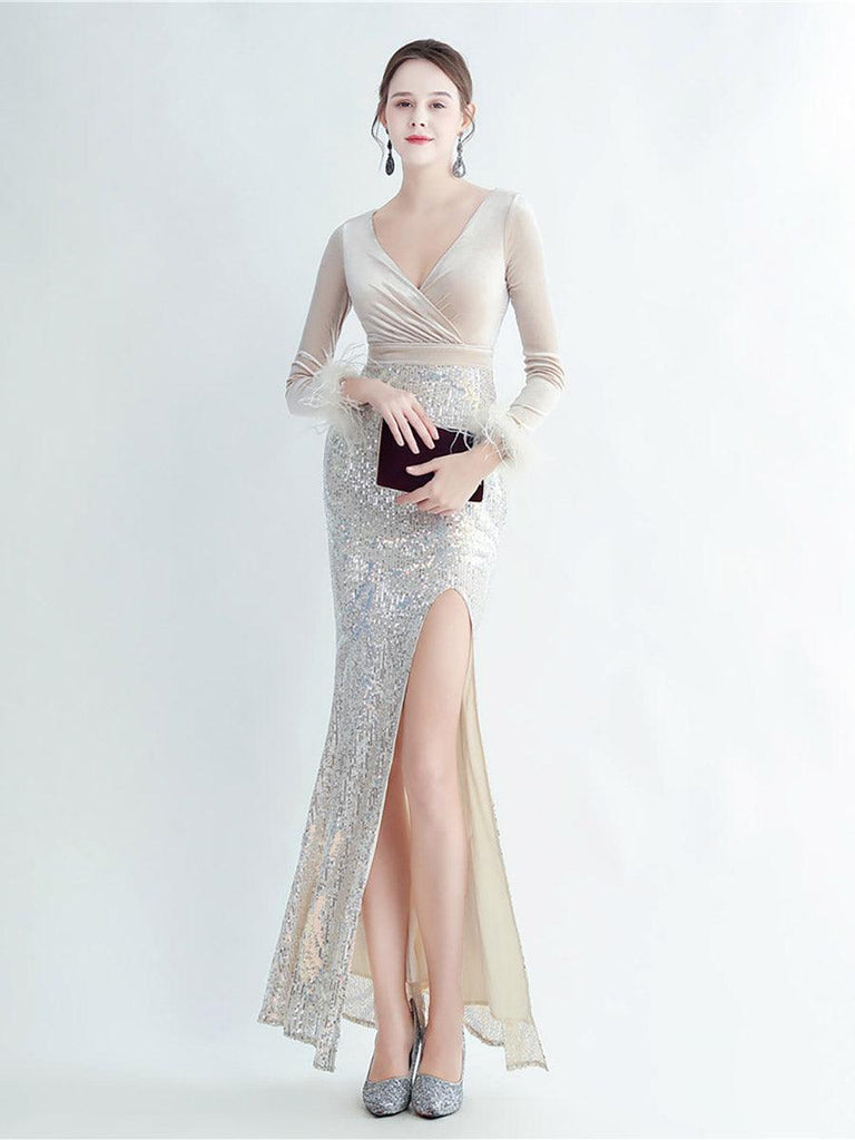 Long Sleeve Velvet Feather Wrap Prom Dress - Stylish beautiful dress for special occasions | Buy Online