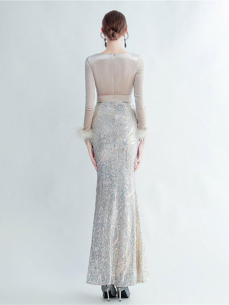 Long Sleeve Velvet Feather Wrap Prom Dress - Stylish beautiful dress for special occasions | Buy Online