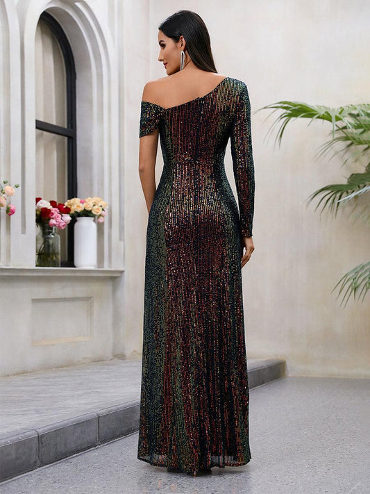 One Shoulder Glitter Ruched Prom Dress