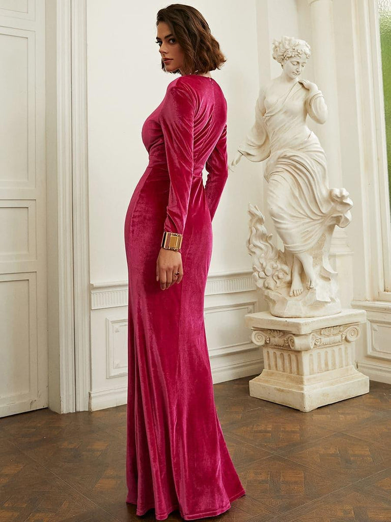 Long Sleeve Velvet Green Evening Dress - Stylish green dress for special occasions | Buy Online