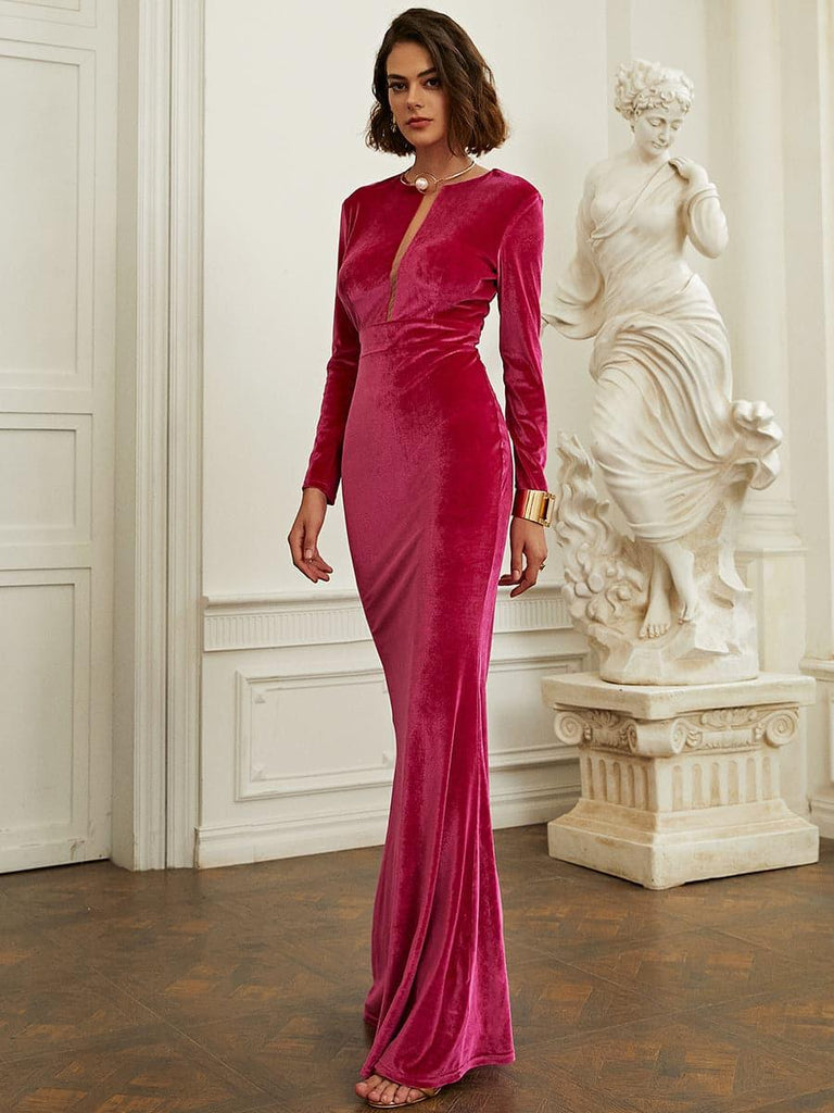 Long Sleeve Velvet Green Evening Dress - Stylish green dress for special occasions | Buy Online