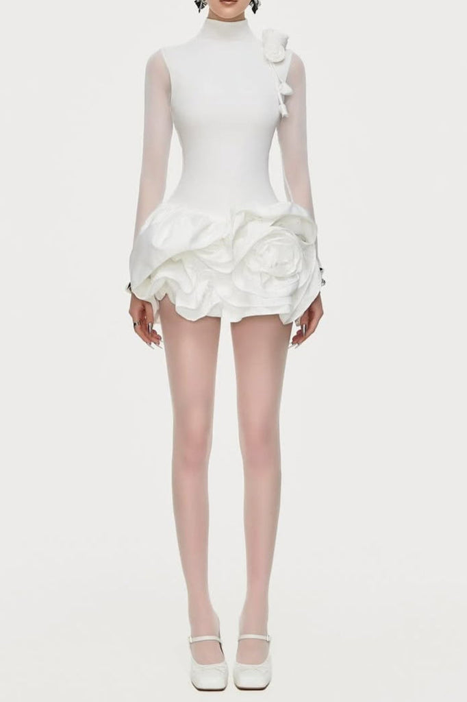 3d flower hem Mesh mini dress in white - Stylish white dress for special occasions | Buy Online