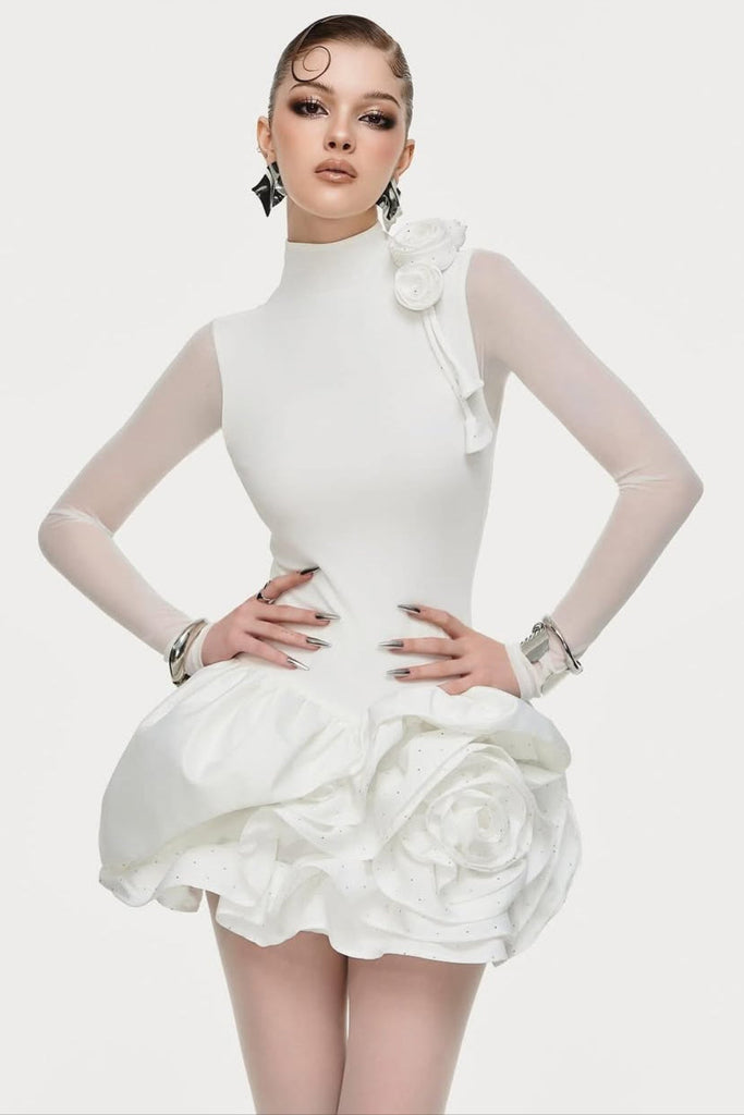 Shop  white dress - Perfect for special occasions | 3d flower hem Mesh mini dress in white