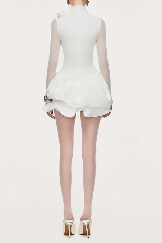 3d flower hem Mesh mini dress in white - Stylish white dress for special occasions | Buy Online