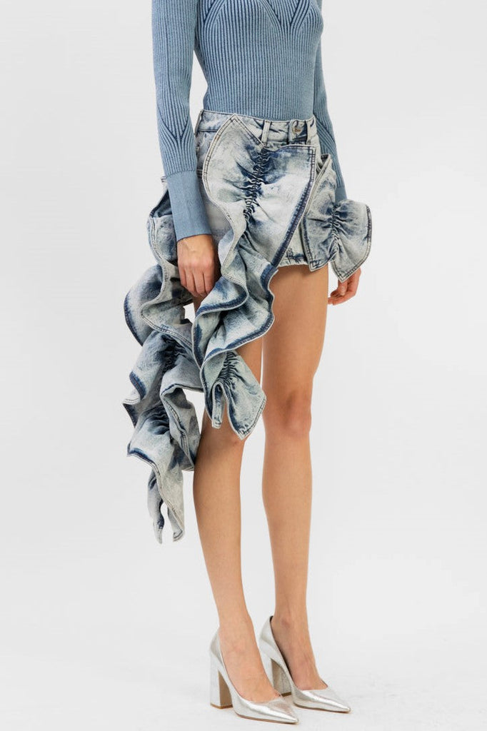 Stylish beautiful mini | Madiya Asymmetric Ruffle Denim Mini Skirt - Ideal for special occasions