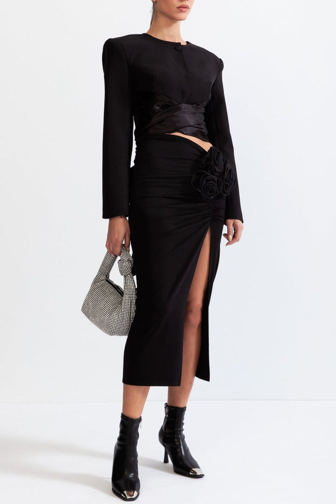 Stylish black dress | Maelie Bow Detail Satin Crop Blazer  - Black - Ideal for special occasions