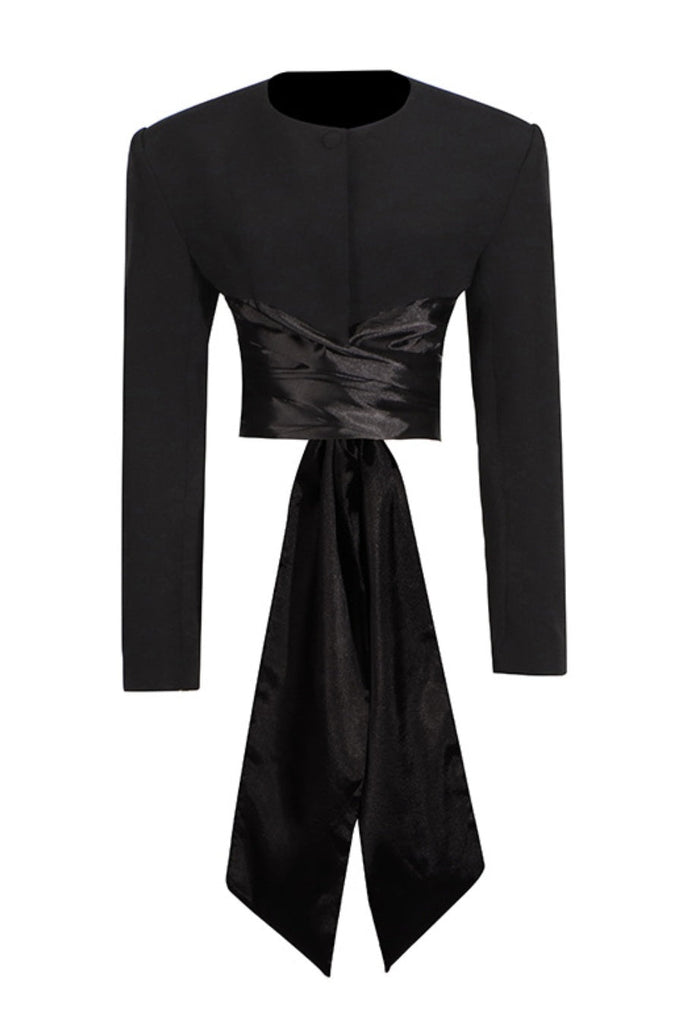 Maelie Bow Detail Satin Crop Blazer  - Black - Stylish black dress for special occasions | Buy Online