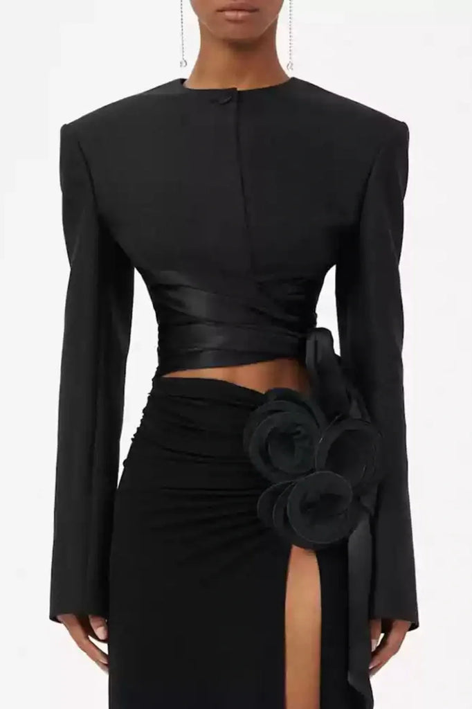 Shop  black dress - Perfect for special occasions | Maelie Bow Detail Satin Crop Blazer  - Black