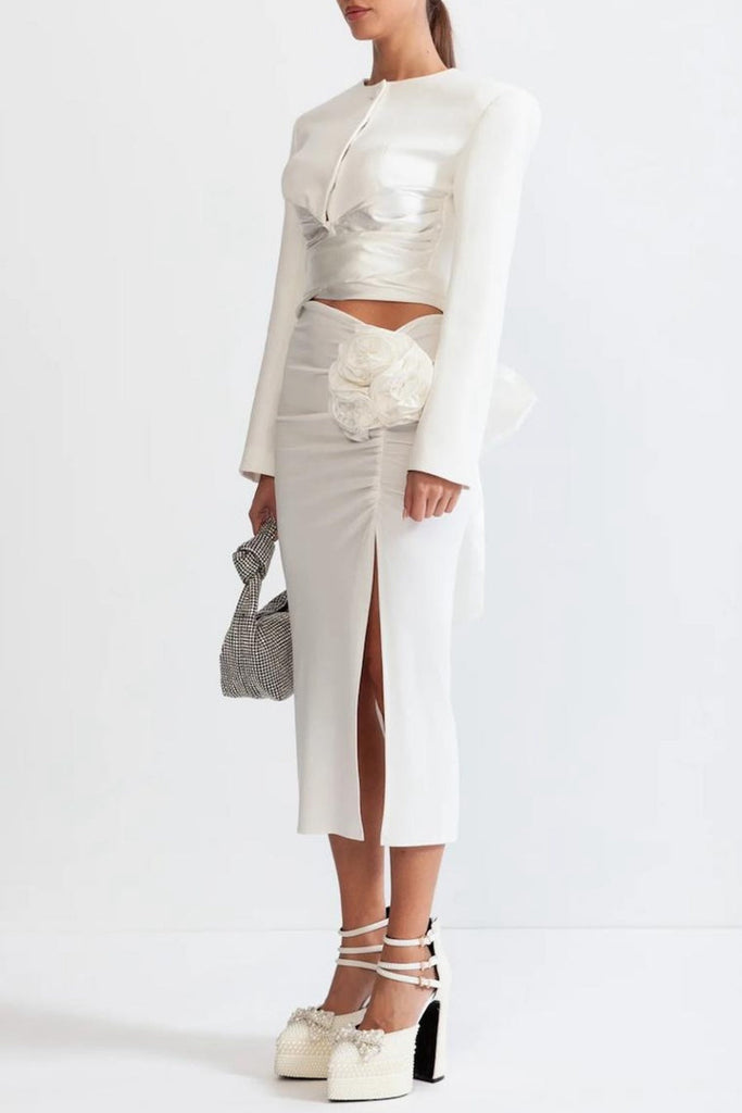 Stylish white dress | Maelie Bow Detail Satin Crop Blazer  - White - Ideal for special occasions