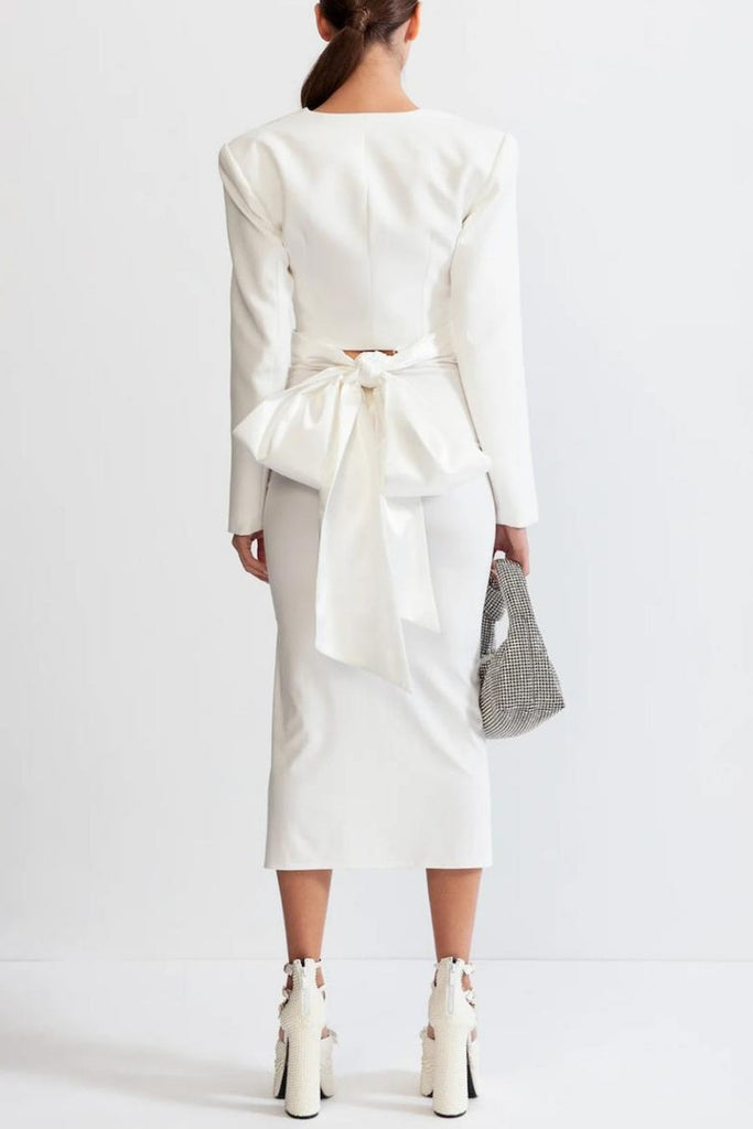 Stylish white dress | Maelie Bow Detail Satin Crop Blazer  - White - Ideal for special occasions