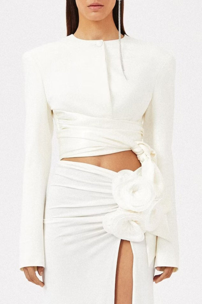 Shop  white dress - Perfect for special occasions | Maelie Bow Detail Satin Crop Blazer  - White
