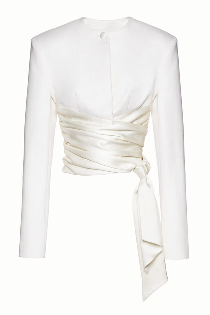 Stylish white dress | Maelie Bow Detail Satin Crop Blazer  - White - Ideal for special occasions