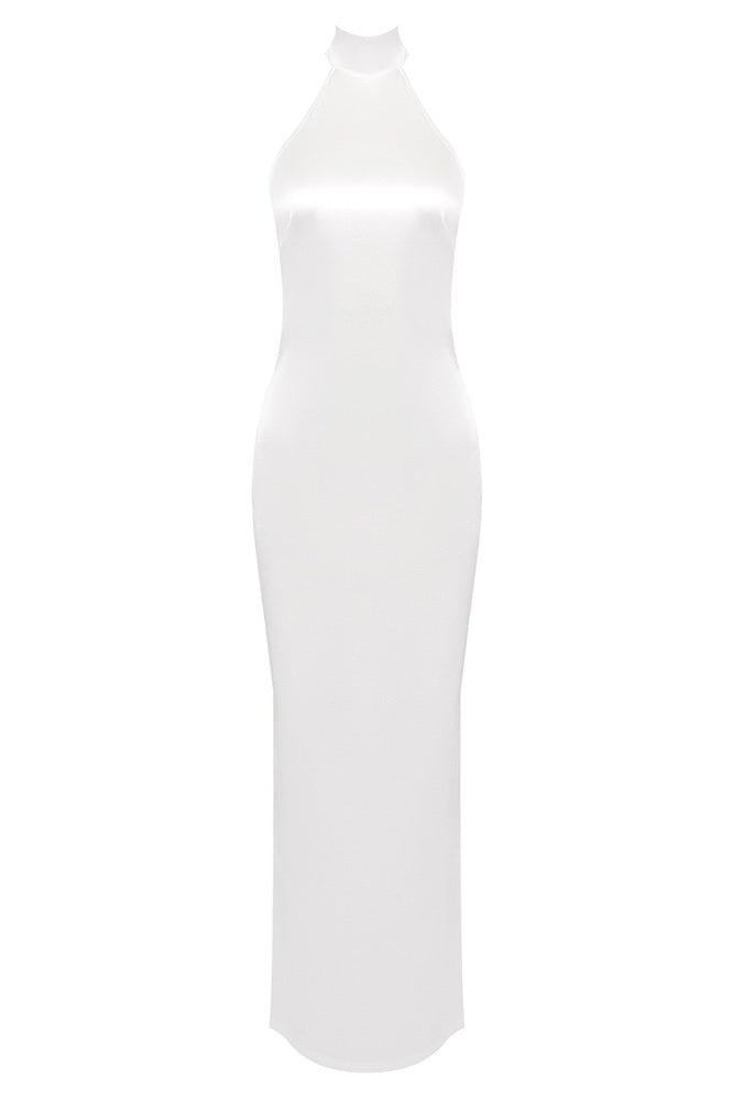 Shop  white dress - Perfect for special occasions | Maelis Pearl Satin Halter Maxi Dress - White
