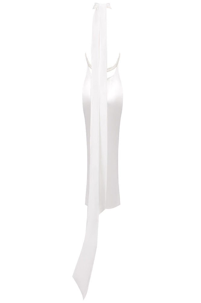 Shop  white dress - Perfect for special occasions | Maelis Pearl Satin Halter Maxi Dress - White