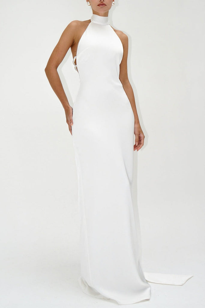 Stylish white dress | Maelis Pearl Satin Halter Maxi Dress - White - Ideal for special occasions