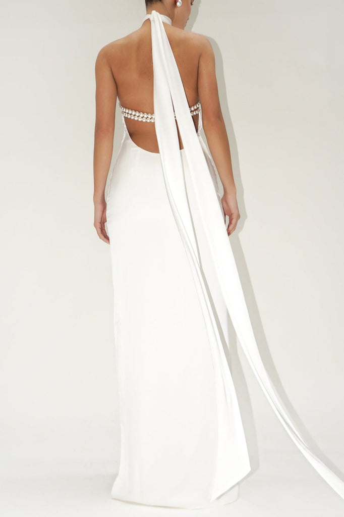 Maelis Pearl Satin Halter Maxi Dress - White - Stylish white dress for special occasions | Buy Online