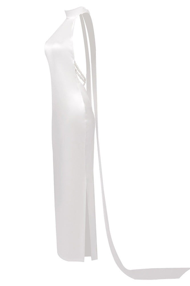 Stylish white dress | Maelis Pearl Satin Halter Maxi Dress - White - Ideal for special occasions