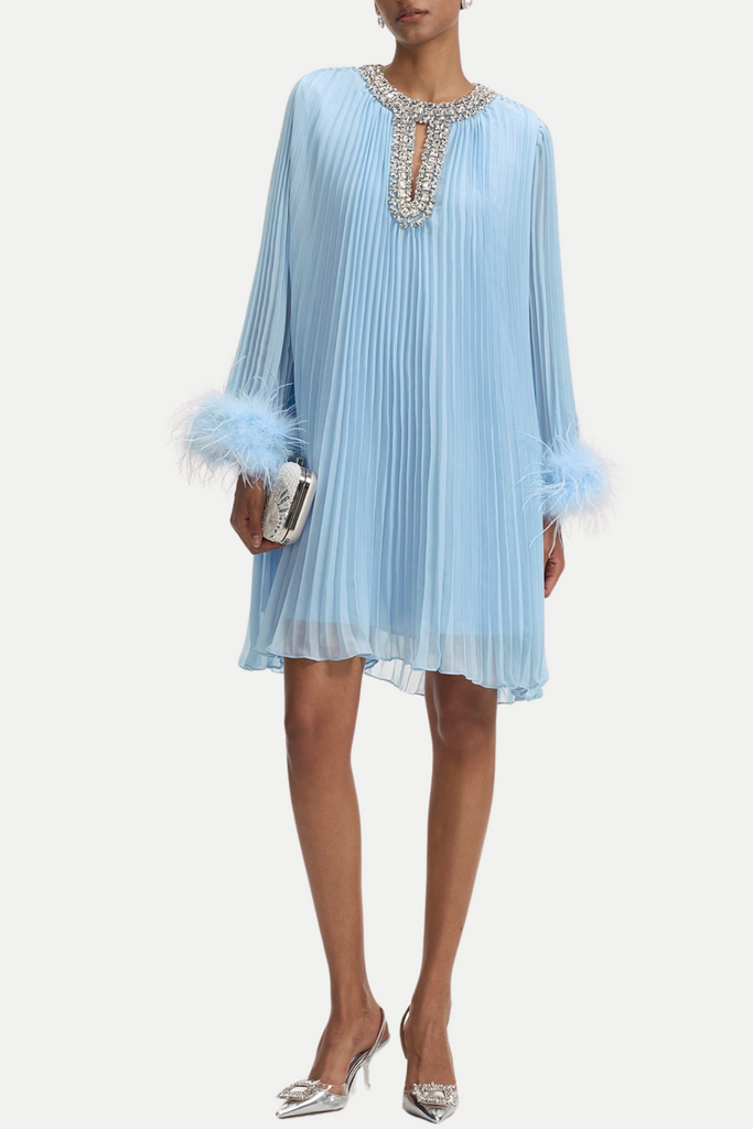 Stylish blue dress | Manja Diamante Chiffon Feather Mini Dress - Blue - Ideal for special occasions