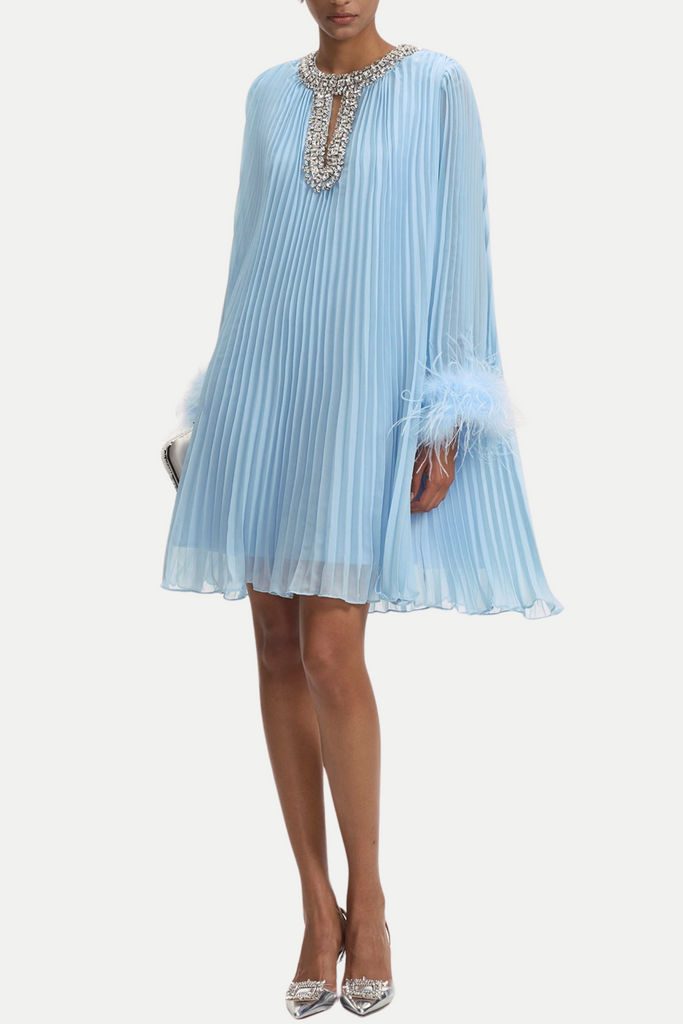 Shop  blue dress - Perfect for special occasions | Manja Diamante Chiffon Feather Mini Dress - Blue
