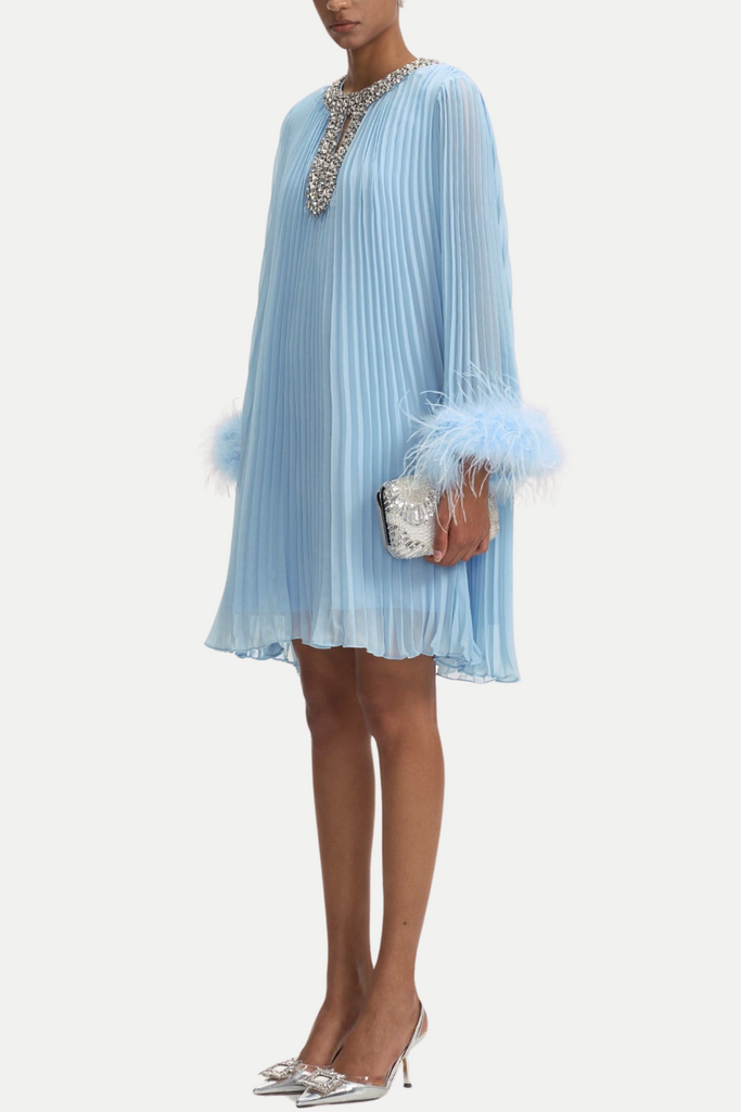Stylish blue dress | Manja Diamante Chiffon Feather Mini Dress - Blue - Ideal for special occasions