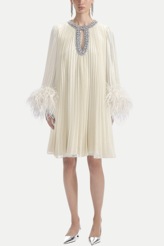 Shop  white dress - Perfect for special occasions | Manja Diamante Chiffon Feather Mini Dress - White
