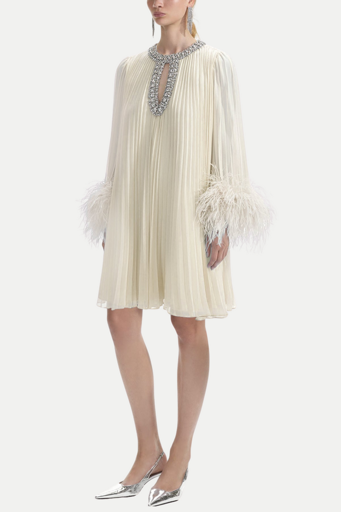 Stylish white dress | Manja Diamante Chiffon Feather Mini Dress - White - Ideal for special occasions