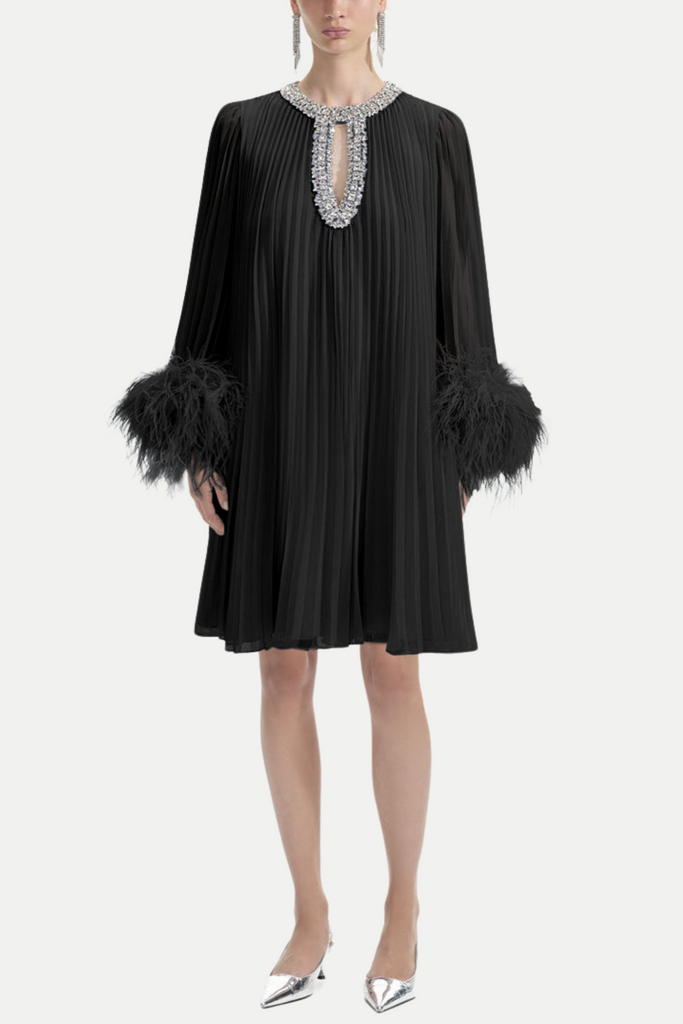 Manja Diamante Chiffon Feather Mini Dress - Black - Stylish black dress for special occasions | Buy Online