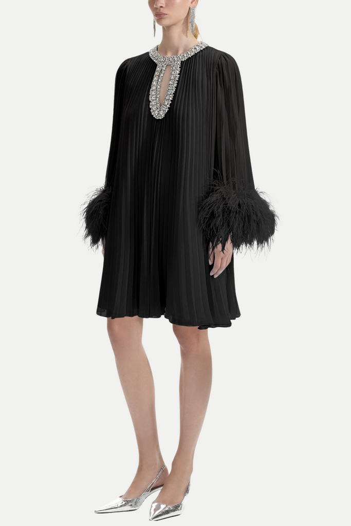Shop  black dress - Perfect for special occasions | Manja Diamante Chiffon Feather Mini Dress - Black