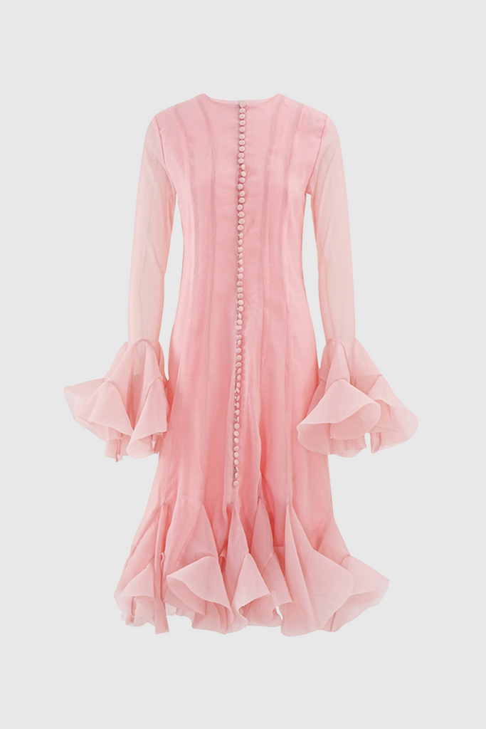 Stylish pink dress | McCarthy Mesh Ruffle Midi Dress In Pink - Ideal for special occasions