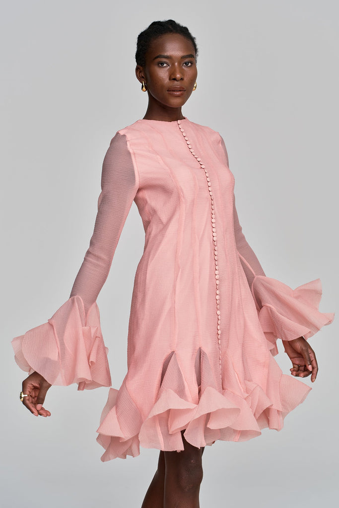 McCarthy Mesh Ruffle Midi Dress In Pink - Stylish pink dress for special occasions | Buy Online