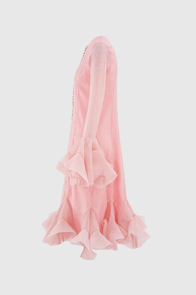 Stylish pink dress | McCarthy Mesh Ruffle Midi Dress In Pink - Ideal for special occasions